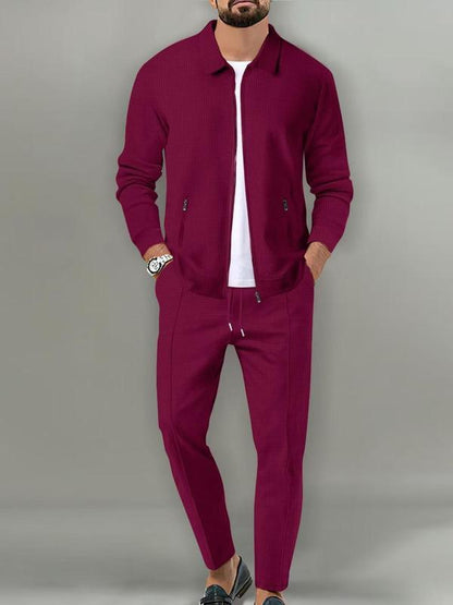 KZZ Sporty Two-piece Set Men's Plain Zip Up Jacket & Drawstring Waist Pants Tracksuit Set
