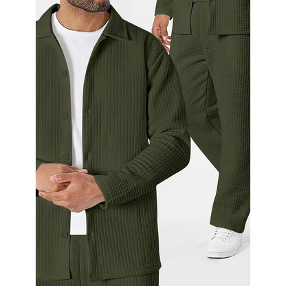 KZZ Men's Casual Outdoor Solid Color Long Sleeve Shirt and Pants Set