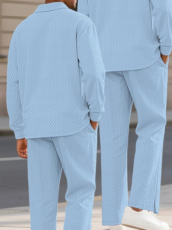 KZZ Men's Textured Long Sleeve Polo Shirt & Drawstring Pants Set