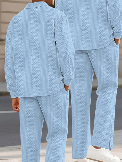 KZZ Men's Textured Long Sleeve Polo Shirt & Drawstring Pants Set
