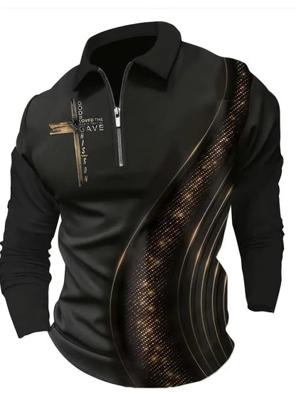 KZZ Men's black gold contrasting half zipper polo shirt