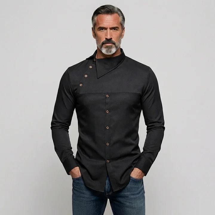KZZ Men's Casual Solid Shirt Collar Asymmetrical Buttons Long Sleeve Shirts