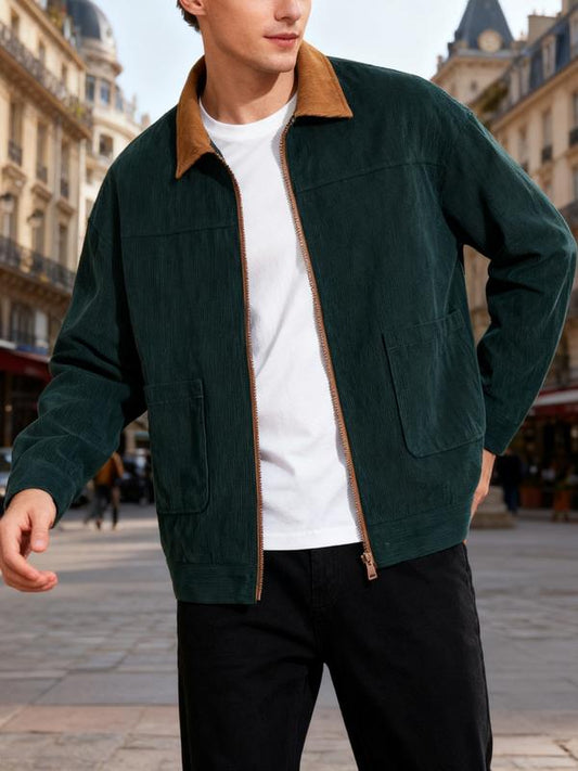 KZZ Men's Fashion Vintage Corduroy Jacket, Casual Loose Fit Colorblock Collar Design