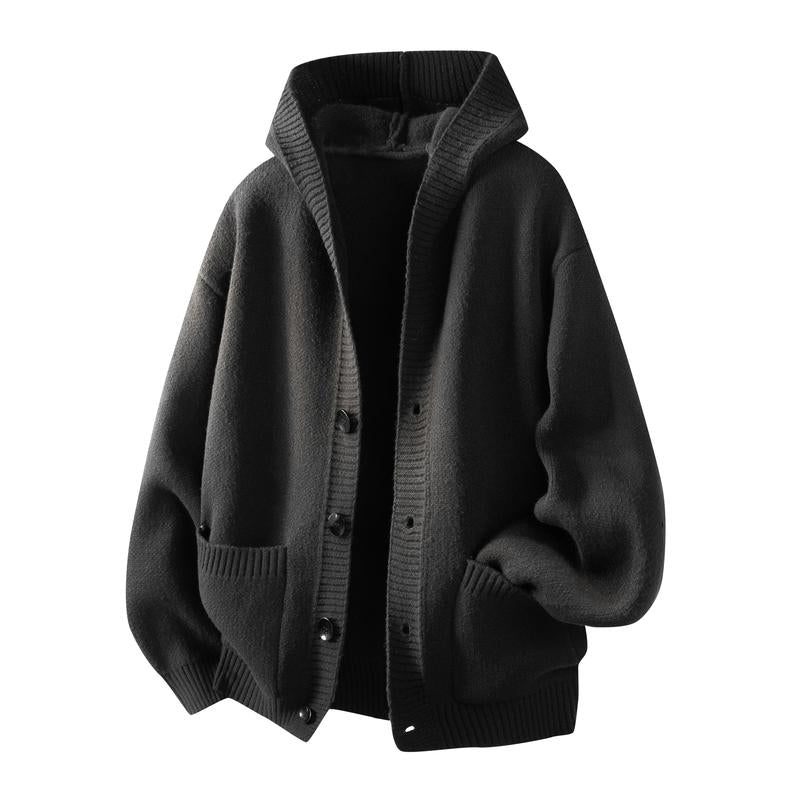 KZZ Men's Sweater: Simple, stylish, versatile, street-style button-up hooded cardigan with long sleeves.