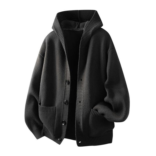KZZ Men's Sweater: Simple, stylish, versatile, street-style button-up hooded cardigan with long sleeves.