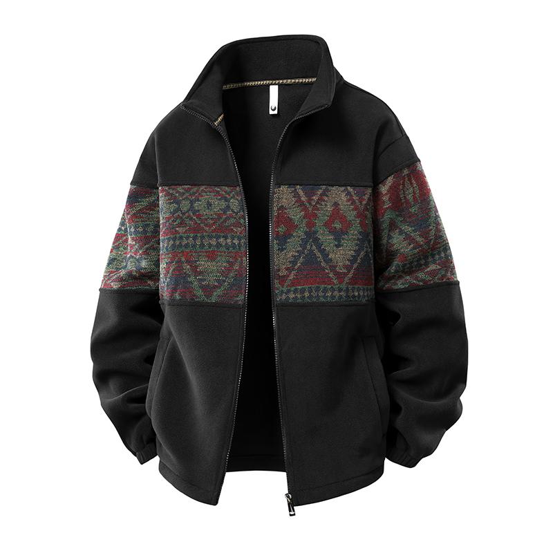 KZZ Men's Ethnic Pattern Full Zip Cardigan Sweatshirt, Stand Collar Casual Jacket