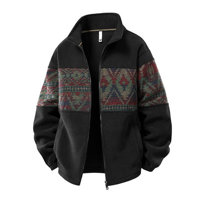 KZZ Men's Ethnic Pattern Full Zip Cardigan Sweatshirt, Stand Collar Casual Jacket