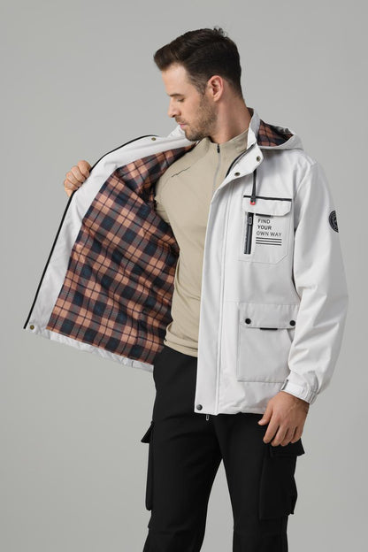 KZZ Men's letter-printed button pocket zipper hooded waterproof jacket