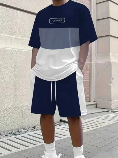 KZZ Men's Summer Color-Block Short-Sleeve T-Shirt and Athletic Shorts Set