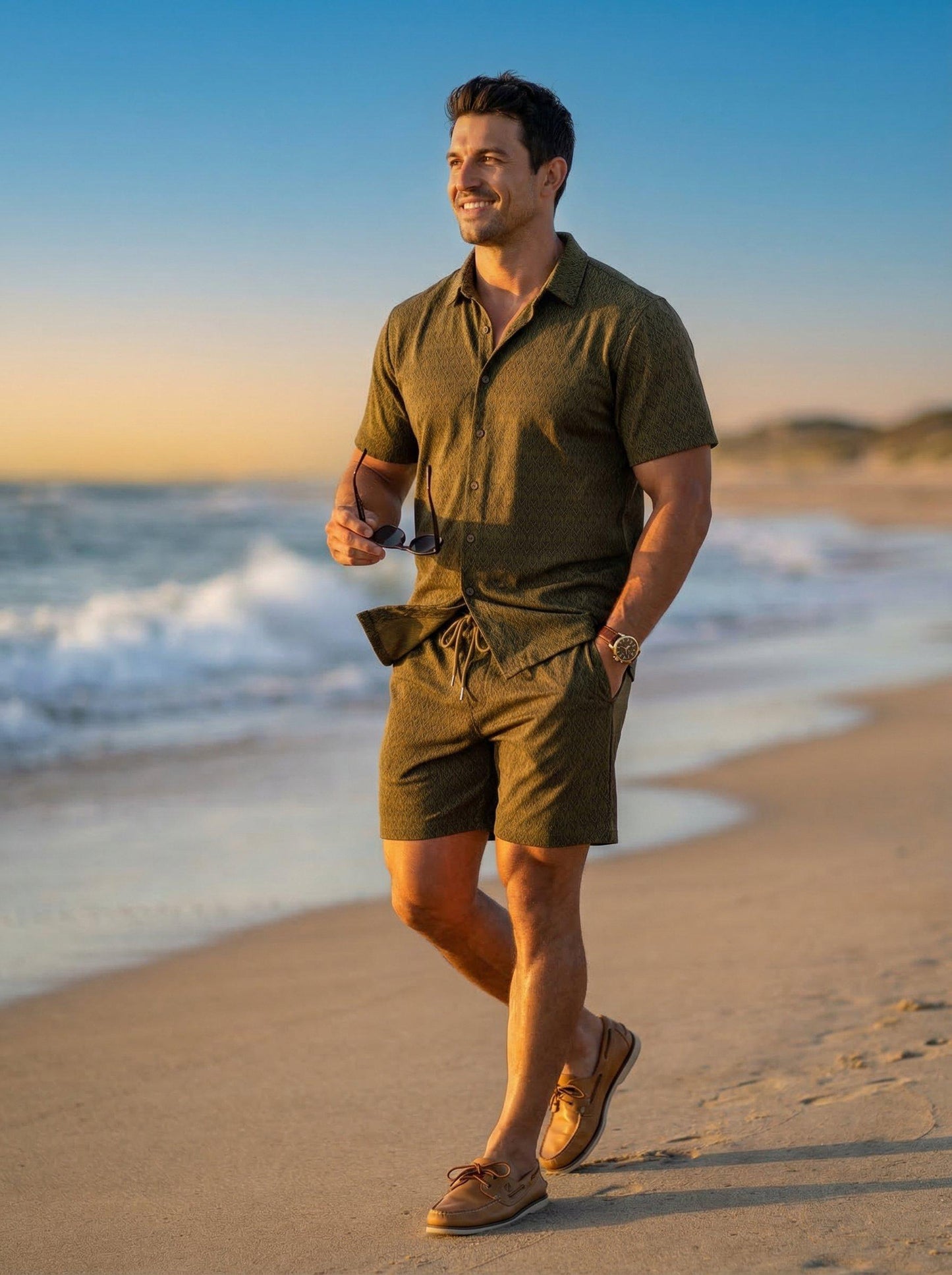 KZZ Men's New Stylish Jacquard Shirt and Shorts Set