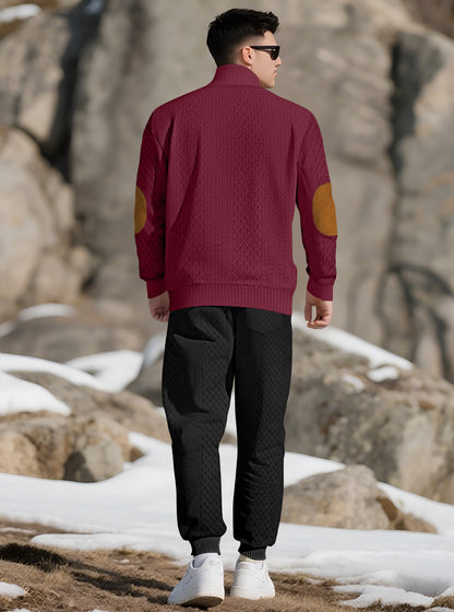 KZZ Men's knitted suit. The top features a half-placket and a high neckline, The fabric is thick.