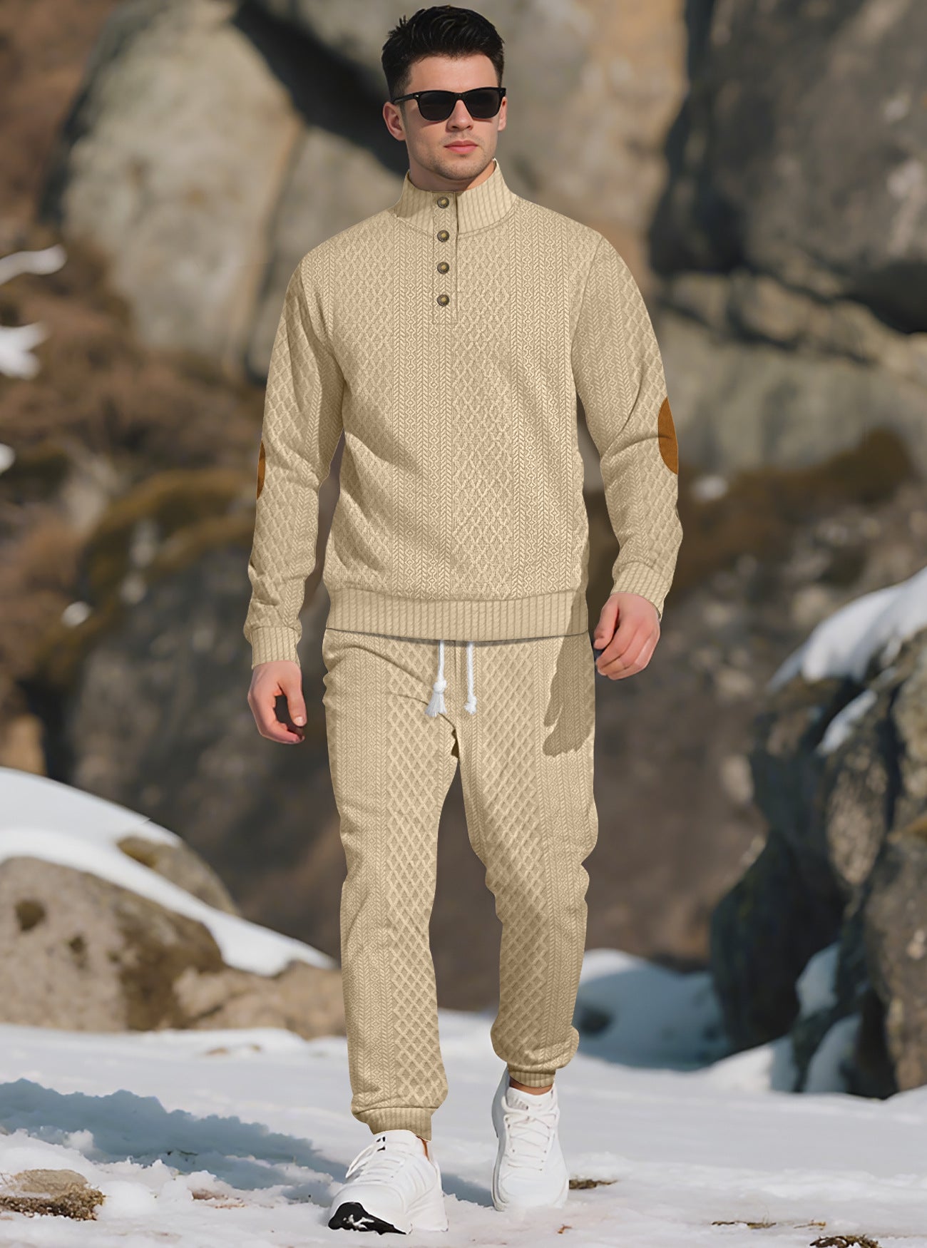 KZZ Men's knitted suit. The top features a half-placket and a high neckline, The fabric is thick.