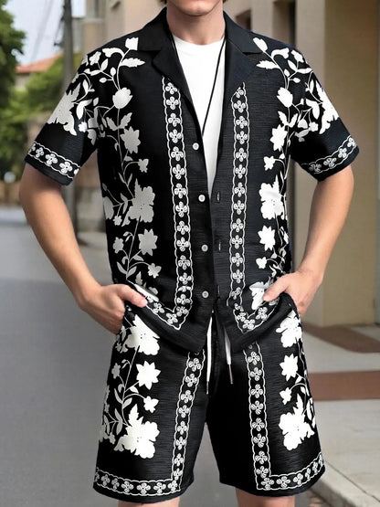KZZ Men's ethnic-style patterned button-down shirt and shorts loungewear two-piece set