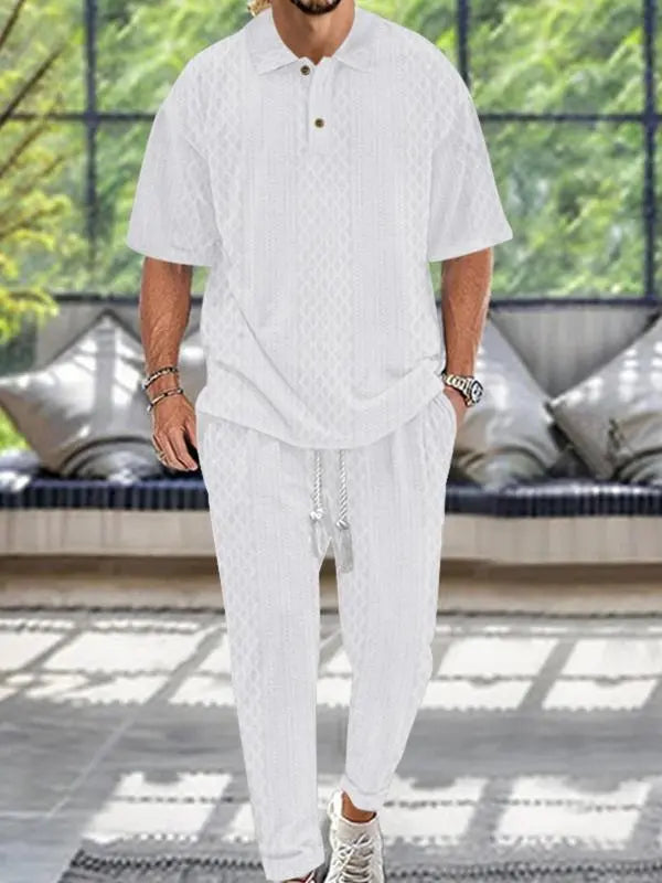 KZZ Men's Textured Drop-Shoulder Collar T-Shirt Two-Piece Set