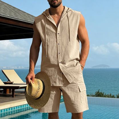 KZZ Loose-Fit, Breathable Linen Summer Set: Hooded Sleeveless Shirt & Cargo Shorts