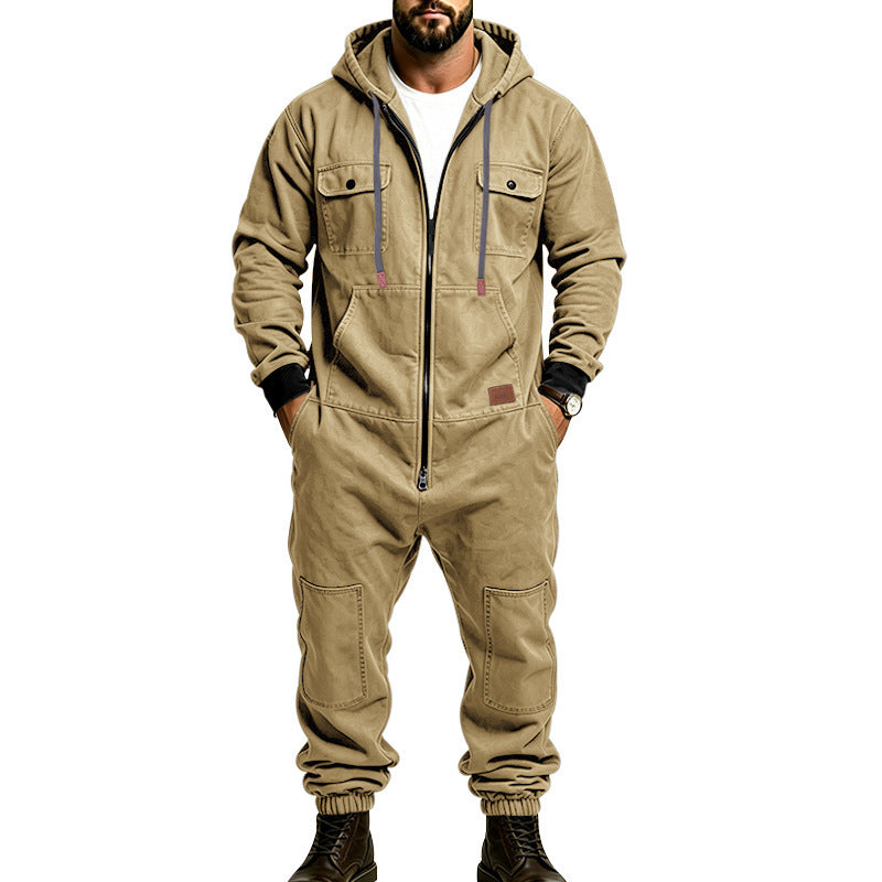 KZZ Men's Hooded Workwear Casual Street Style Jumpsuit