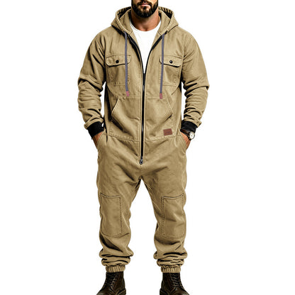 KZZ Men's Hooded Workwear Casual Street Style Jumpsuit