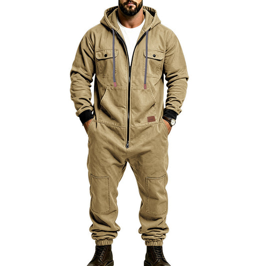 KZZ Men's Hooded Workwear Casual Street Style Jumpsuit