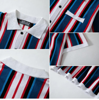 KZZ Men's Summer Casual Knitted Cardigan-Style Polo Shirt — Short Sleeve, Turn-down Collar, Striped