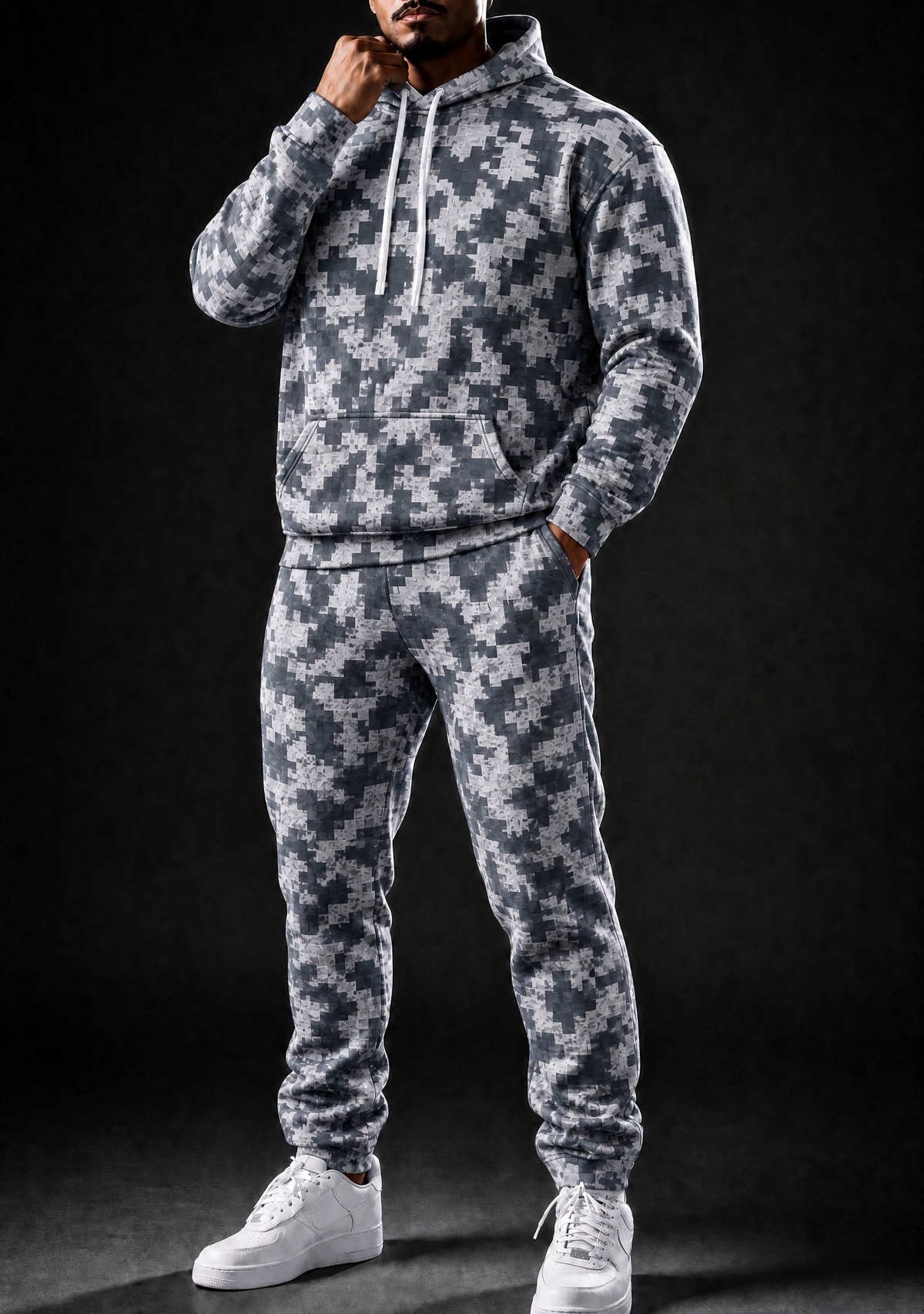 KZZ Men's Pixel Camouflage Hooded Tracksuit Two-Piece Casual Sportswear
