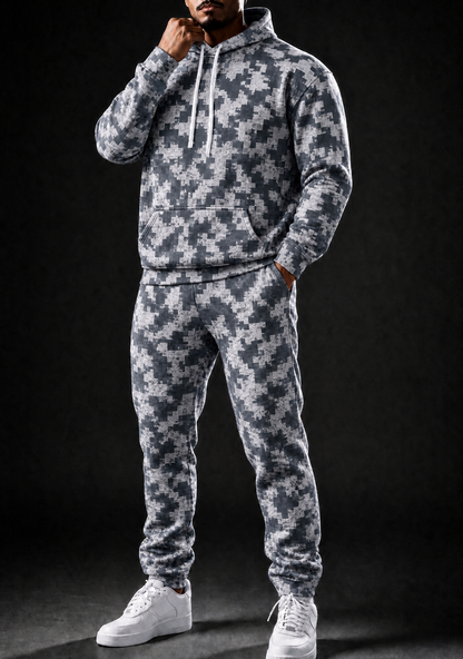 KZZ Men's Pixel Camouflage Hooded Tracksuit Two-Piece Casual Sportswear