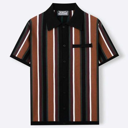 KZZ Men's Summer Casual Knitted Cardigan-Style Polo Shirt — Short Sleeve, Turn-down Collar, Striped