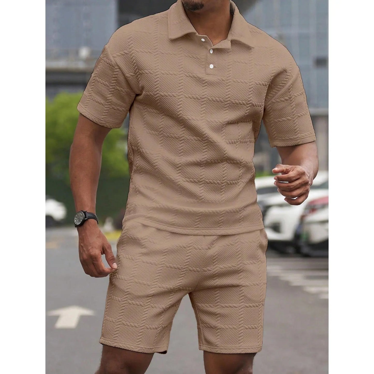 KZZ Men's Summer Solid-Color Stylish Casual Short-Sleeve Set
