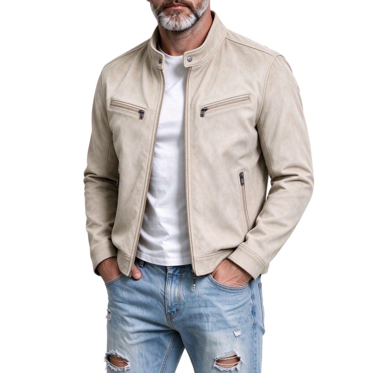 KZZ Suede stand-up collar motorcycle jacket for men, multi-zipper casual style