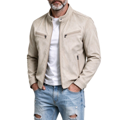 KZZ Suede stand-up collar motorcycle jacket for men, multi-zipper casual style