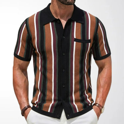 KZZ Men's Summer Casual Knitted Cardigan-Style Polo Shirt — Short Sleeve, Turn-down Collar, Striped