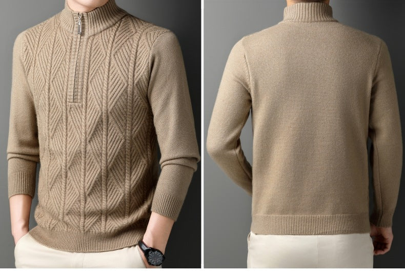 KZZ Men's solid color quarter-zip stand collar knit long-sleeved top