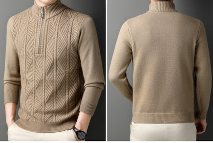 KZZ Men's solid color quarter-zip stand collar knit long-sleeved top