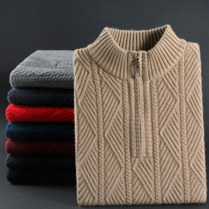 KZZ Men's solid color quarter-zip stand collar knit long-sleeved top