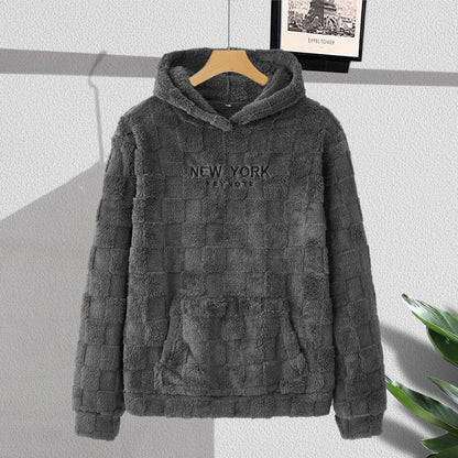 KZZ NewYork Hoodie Men's Letter Embroidery Pocket Textured Flannel Hoodie