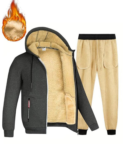 KZZ Two-piece Set Men's Solid Zip Up Hooded Jacket & Drawstring Waist Pants Set