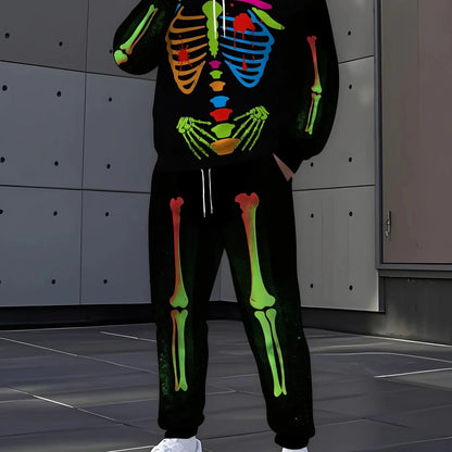 KZZ Men's Halloween Skull Print Hoodie and Pants Set