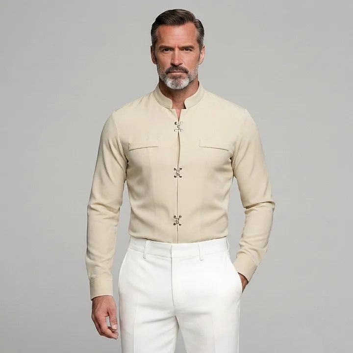 KZZ Men's Solid Stand Collar Metal Button Long Sleeve Shirts
