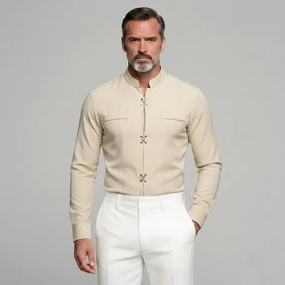 KZZ Men's Solid Stand Collar Metal Button Long Sleeve Shirts