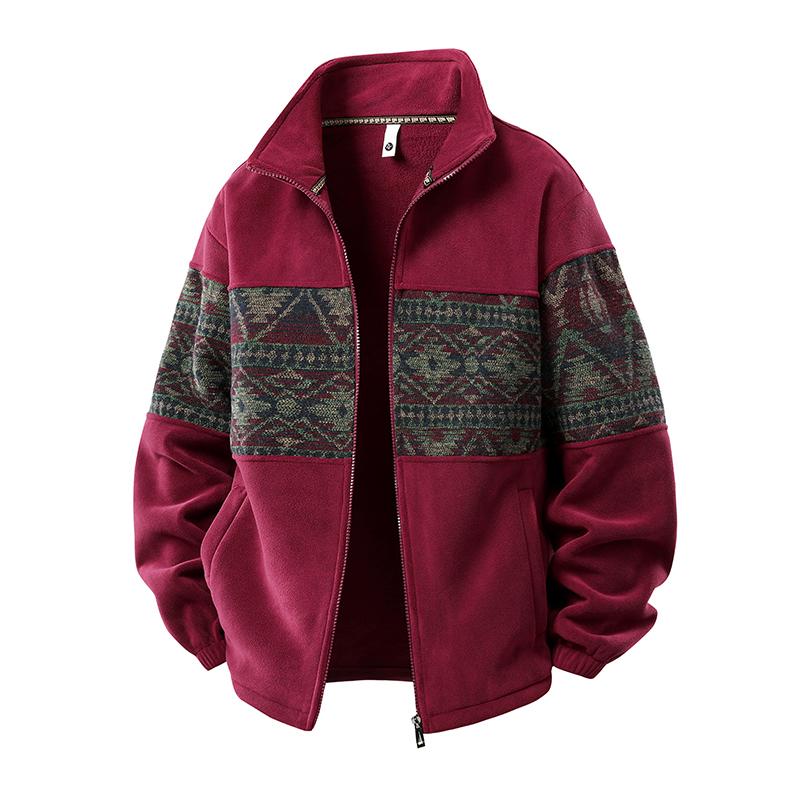 KZZ Men's Ethnic Pattern Full Zip Cardigan Sweatshirt, Stand Collar Casual Jacket