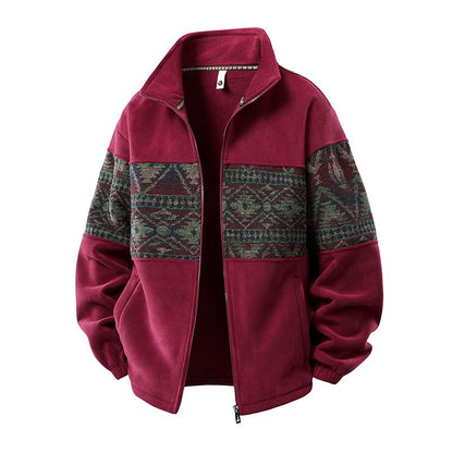 KZZ Men's Ethnic Pattern Full Zip Cardigan Sweatshirt, Stand Collar Casual Jacket