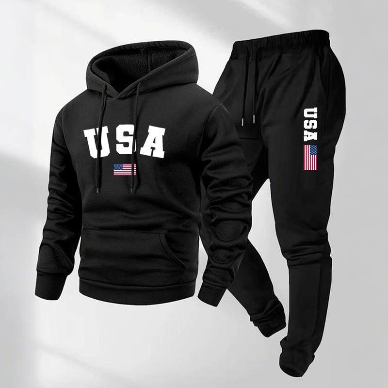 KZZ Men's USA Letter Printed Hoodie and Drawstring Sweatpants Set