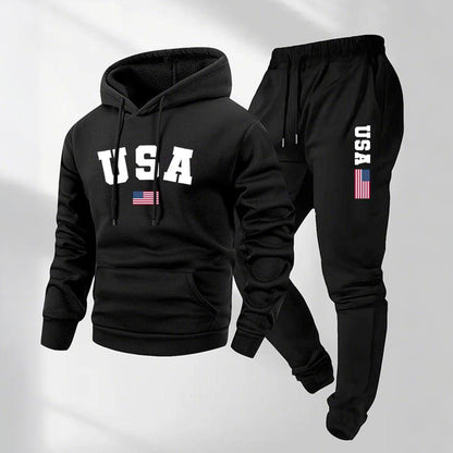 KZZ Men's USA Letter Printed Hoodie and Drawstring Sweatpants Set