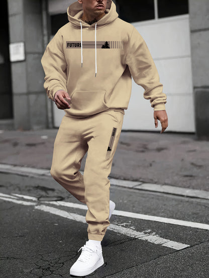 KZZ Two-piece Set Men's Tree Graphic Hoodie & Drawstring Waist Sweatpants