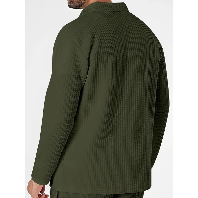 KZZ Men's Casual Outdoor Solid Color Long Sleeve Shirt and Pants Set