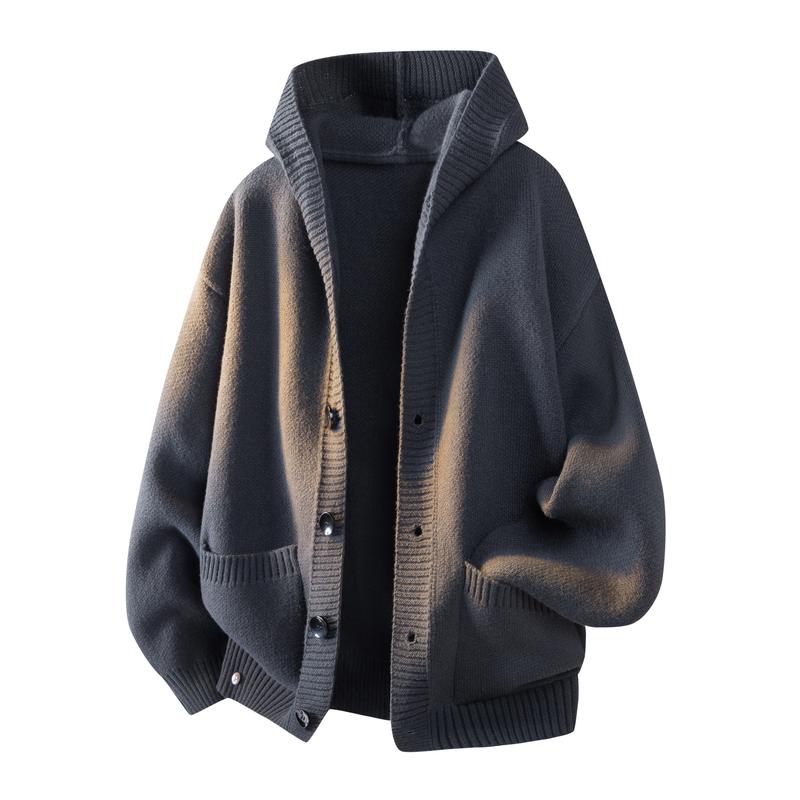 KZZ Men's Sweater: Simple, stylish, versatile, street-style button-up hooded cardigan with long sleeves.