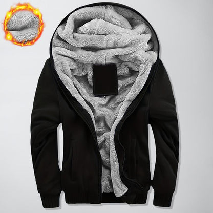 KZZ Thickened Fleece Solid Color Hooded Cardigan - Men's Winter Sweatshirt Jacket