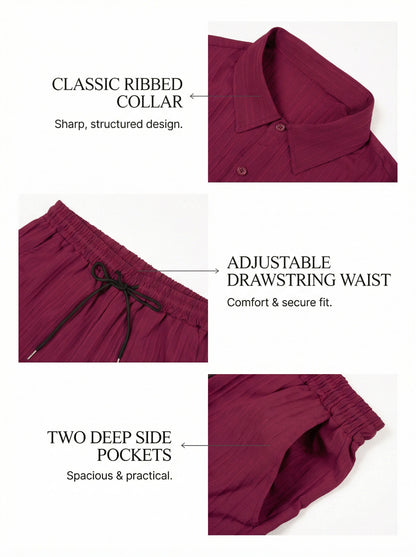 KZZ Men's Two-piece Suit Shirt and Elastic Waist Pants Set