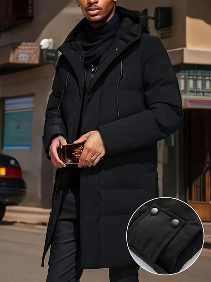 KZZ Men's Thick Winter Warm Coat Plus Size Cold Weather Jacket with Hood Long Sleeve Front Button Design