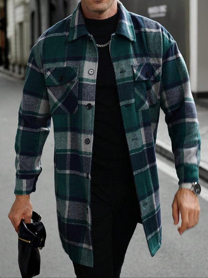 KZZ Men's plaid check long coat, with a buttoned lapel, loose fit