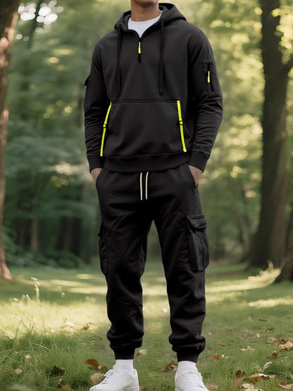 KZZ Men's Fall & Winter Hooded Casual Tracksuit Set: featuring a zip-front hooded design, cargo pants with multiple pockets